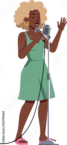 Female singer performing with microphone in green dress and blonde hair vector illustration 