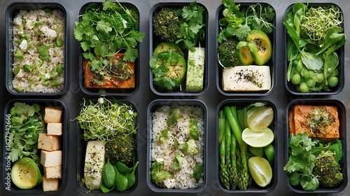 Flatlay of healthy lunchboxes arranged neatly with fresh greens and grains