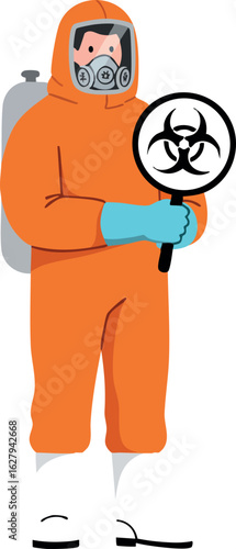 Person in orange hazmat suit holding biohazard sign for safety and contamination control vector 