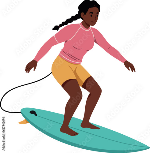 Woman surfing on blue surfboard wearing pink rash guard and yellow shorts vector illustration 