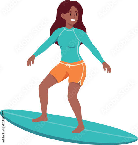 Woman Surfing on Blue Surfboard Wearing Orange Shorts and Blue Rash Guard 