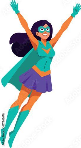Female superhero flying in teal and purple costume with cape vector illustration 