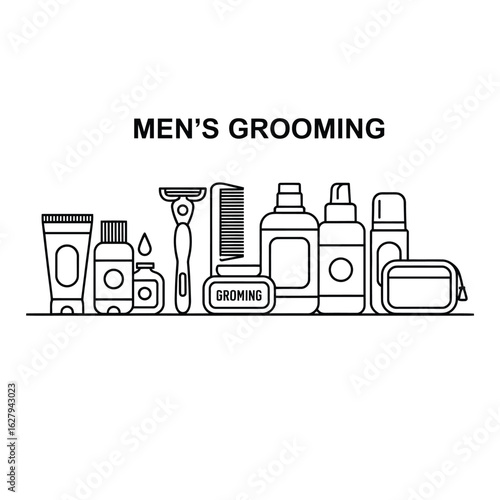 Men's grooming products and accessories arranged with text personal care shaving