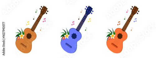 Set of guitars decorated with flowers isolated on white background. Romantic music. 3D vector illustration.