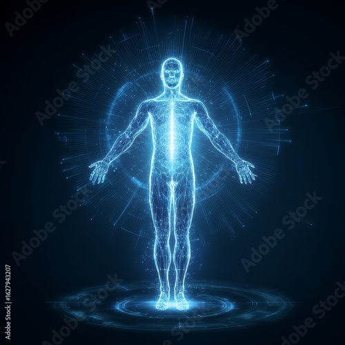 Full-length blue hologram human body with radiating lines, futuristic medical or tech visualization