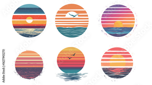 Retro striped sunset design in circular shapes featuring warm gradient colors and horizontal lines, capturing nostalgic vibes and vintage aesthetics, ideal for graphic art, apparel prints, posters, 