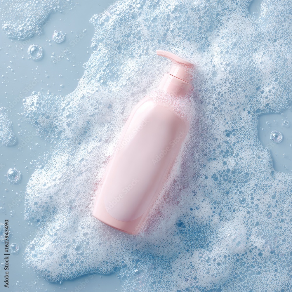Fototapeta premium White shampoo bottle floating on blue water with bubbles, soft pink pump in focus against light gray background, fresh and clean flat lay