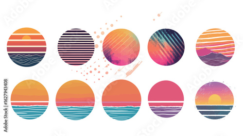 Retro striped sunset design in circular shapes featuring warm gradient colors and horizontal lines, capturing nostalgic vibes and vintage aesthetics, ideal for graphic art, apparel prints, posters, 