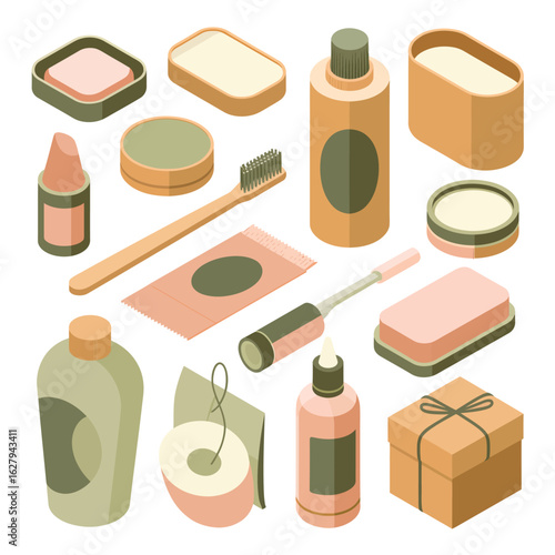 Isometric Collection of Sustainable Bathroom and Personal Care Products soap lipstick