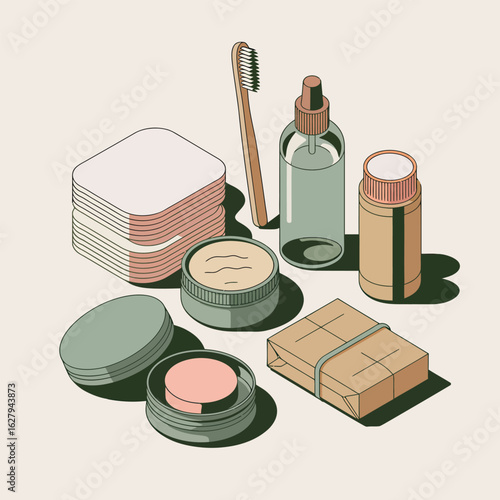 Isometric Arrangement of Eco- Friendly Bathroom Essentials and Skincare cotton pads