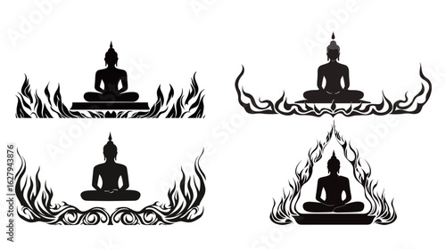 Silhouette art of Buddha sitting in lotus pose with calm and peaceful meditation posture, symbolizing spirituality, mindfulness, inner peace, and enlightenment, ideal for religious, wellness, yoga, 