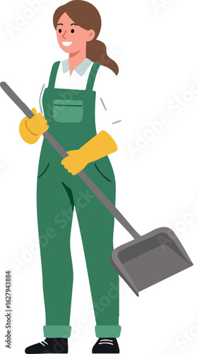 Woman gardener holding shovel wearing green overalls and yellow gloves vector illustration 