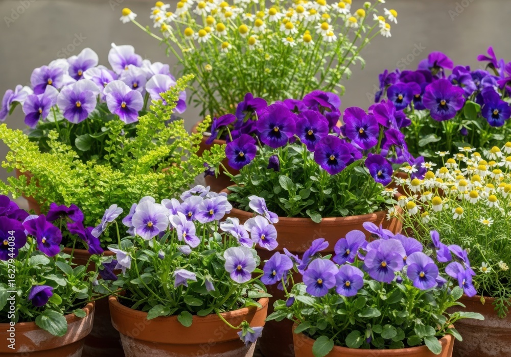 Obraz premium A vibrant display of pansies and chamomile flowers in terracotta pots