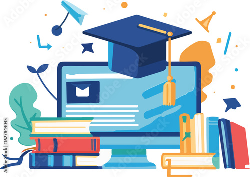 Digital learning concept with graduation cap on computer and stack of books symbolizing online education and knowledge acquisition