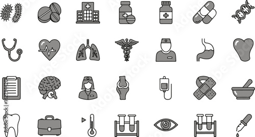 Vector art of collection of medical and healthcare icons isolated on white background