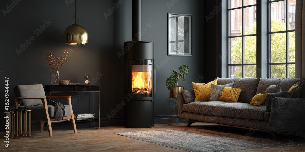 Fototapeta premium Dark, cozy living room with fireplace and large windows