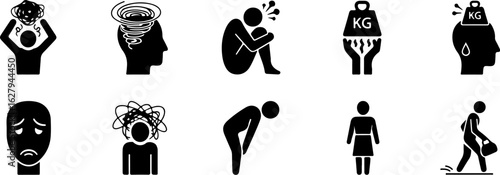 Vector art of collection of icons representing stress, anxiety, and mental health struggles
