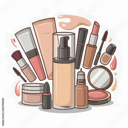 Assortment of Makeup Products and Cosmetics Arranged Artistically beauty lipstick