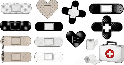 Vector art of various medical bandages, first aid kit, and bandages isolated on white background