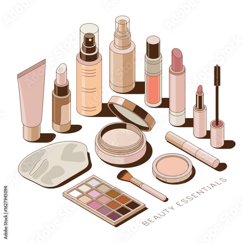 Assortment of Makeup Products and Cosmetics with Text Beauty Essentials lipstick mascara