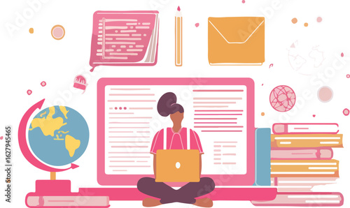 Young woman studying online with laptop and books surrounded by educational elements like a globe and notes
