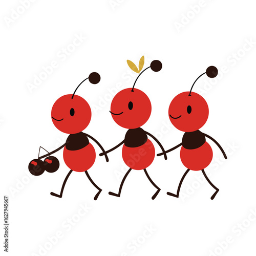cartoon colony of ant carrying berry and walking