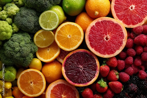 Vibrant display of fresh fruits and vegetables arranged artfully on a surface