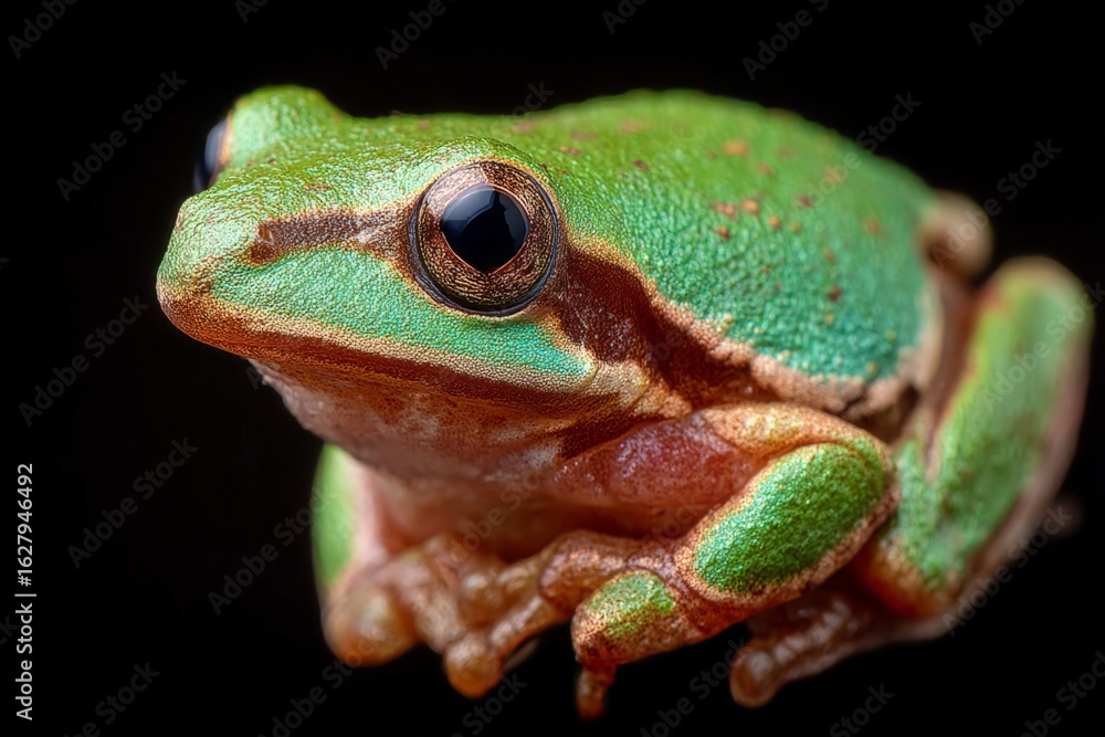 Obraz premium Vibrant green frog poised on a surface in a dark background, showcasing its unique features and colors