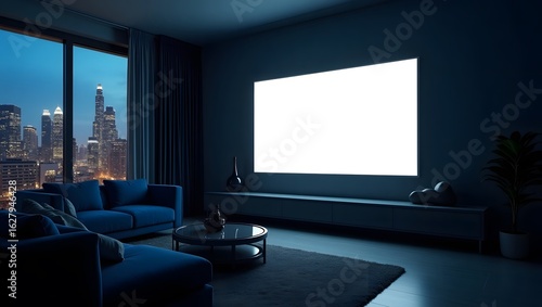 Empty Smart Home with city scape behind  Digital smart tv mock up Screen on Living Room's Wall