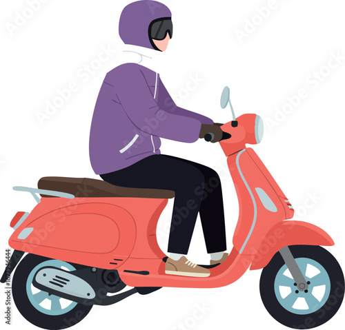 Person riding red scooter wearing purple jacket and helmet vector illustration 