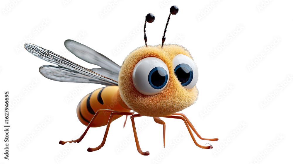 Fototapeta premium Cute Animated Bee: A vibrant, friendly bee, complete with big expressive eyes, is captured in a cartoon rendering, ready for an exciting adventure. 