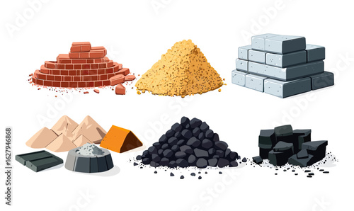 Construction building materials piles including red bricks gravel sand cement coal and concrete blocks vector illustration flat design isolated on white background
