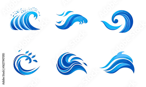 Set of six blue ocean wave icons with stylized splashes and flowing water shapes in flat minimalist vector design for marine and water themes