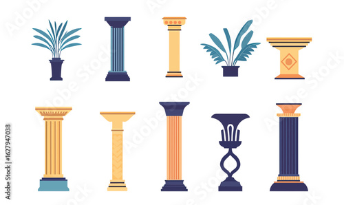 Collection of ancient Greek and Roman style columns and capitals vector icons with potted plants flat minimalist design silhouette set illustration
