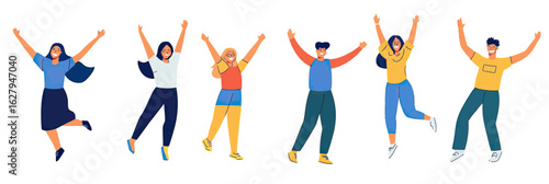 Group of six diverse happy people celebrating with arms raised in joyful jumping poses in flat minimalist vector style illustration