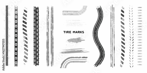 Collection of grunge tire tracks and marks for automotive design elements