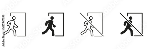Exit And No Entry Door Icons Set. Emergency Exit And Restricted Access Symbols Collection. Safety Sign For Building Navigation And Security. Isolated Vector Illustration