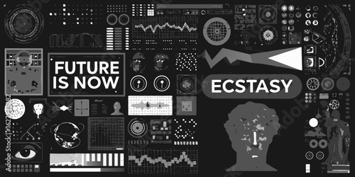 Futuristic digital interface with abstract graphics and text future is now and ecstasy