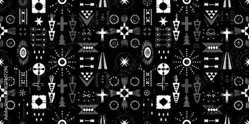Abstract geometric pattern with folk art motifs and tribal symbols on black background