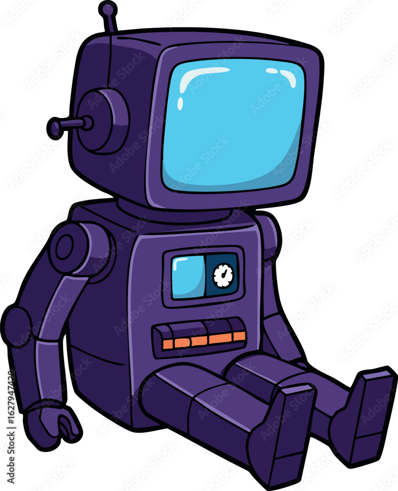Fototapeta premium Retro style purple robot with blue screen sitting illustration vector 