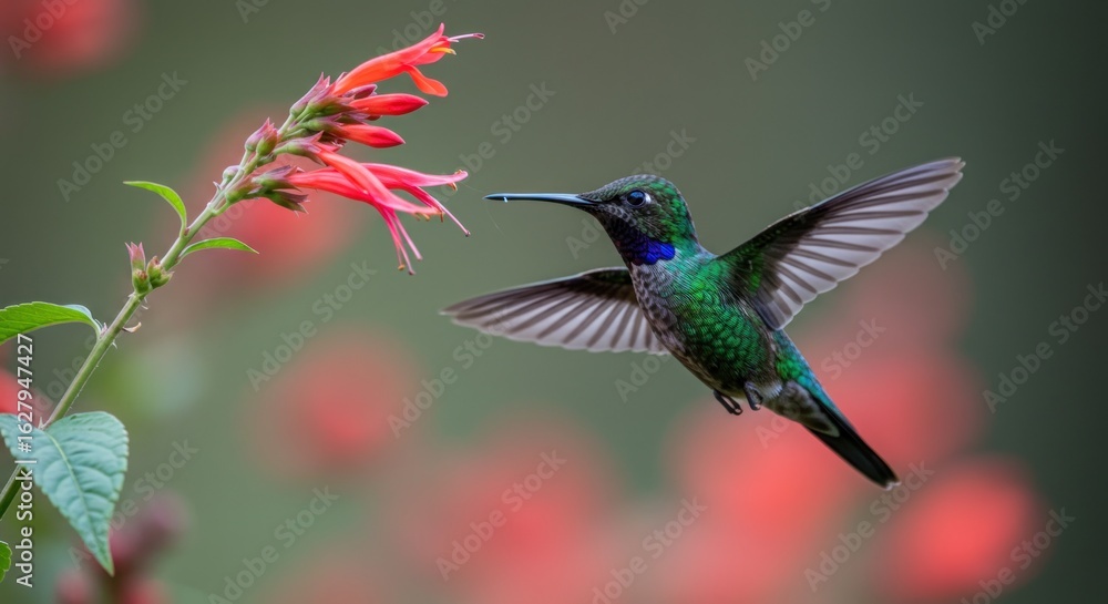 Fototapeta premium Hummingbird in flight near flowers