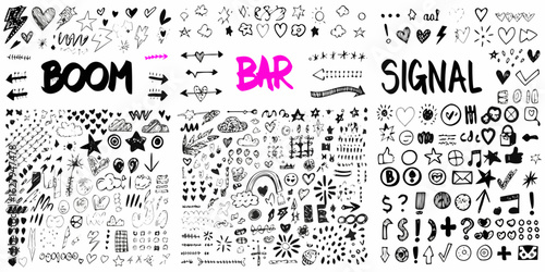 Collection of hand drawn doodle elements including hearts stars clouds arrows and text like boom and signal