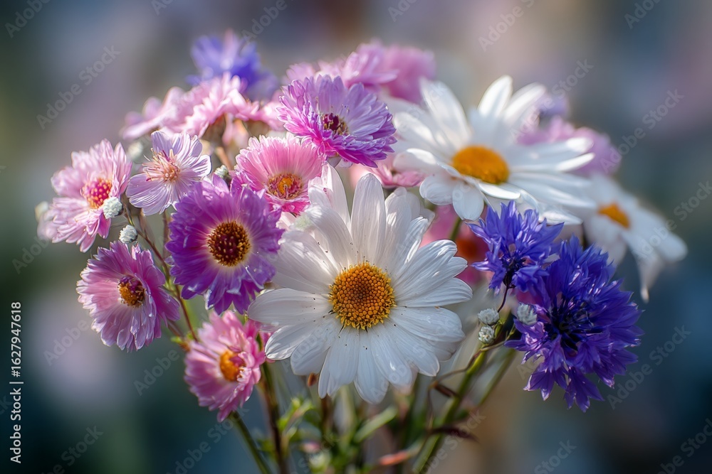 Obraz premium Beautiful bouquet of colorful flowers featuring daisies and asters in bright sunlight, showcasing nature's vibrant palette