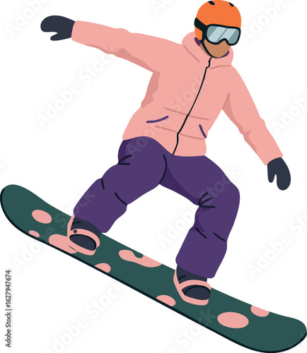 Snowboarder in orange helmet and pink jacket performing jump vector illustration 