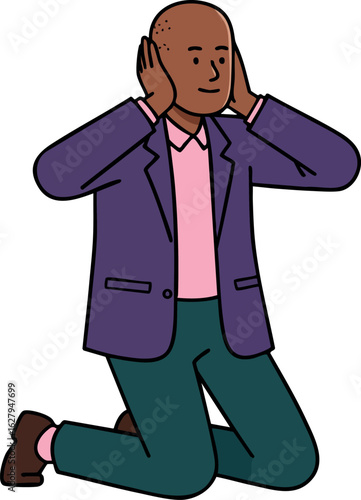 Man kneeling covering ears in purple jacket and pink shirt vector illustration 