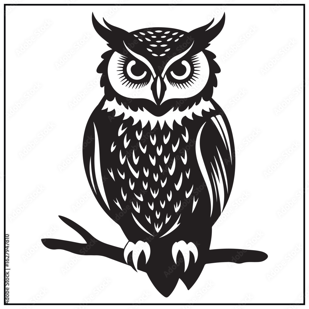 Fototapeta premium Vector art of black owl perched on a branch illustration isolated on white background