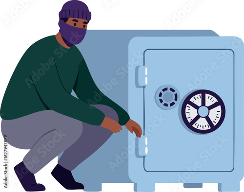 Man Wearing Mask Opening Safe Depository Security Box Vector Illustration 