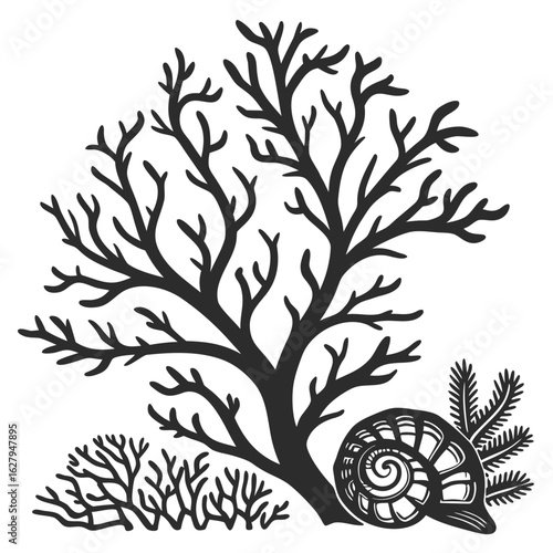 Black silhouette of a stylized tree with a snail shell and coral