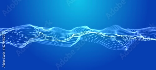 Futuristic wave of dots with moving particles. Abstract technology background. 3D visualization of big data. 3D rendering.