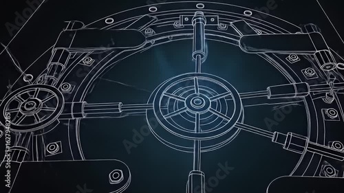 Safe Deposit Security: Detailed blueprint-style image of a heavy, circular vault door, the emblem of financial security. The image offers a sense of the intricate mechanism of a vault.